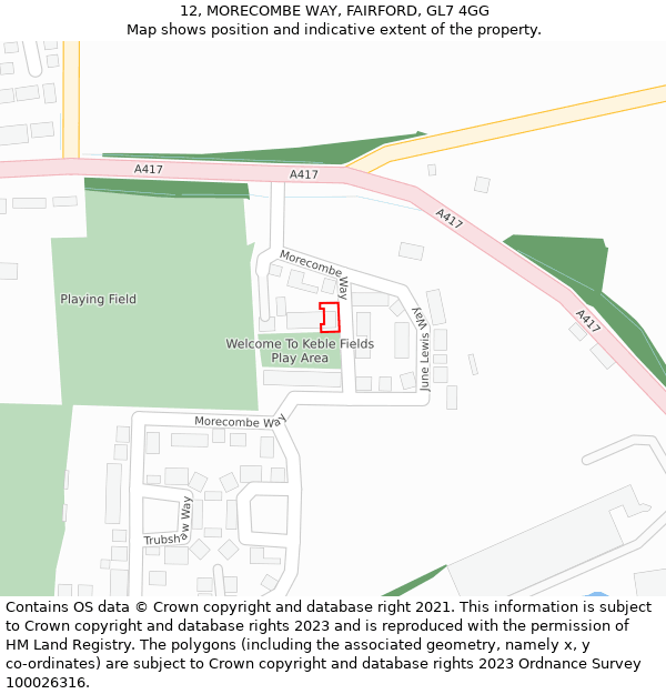 12, MORECOMBE WAY, FAIRFORD, GL7 4GG: Location map and indicative extent of plot