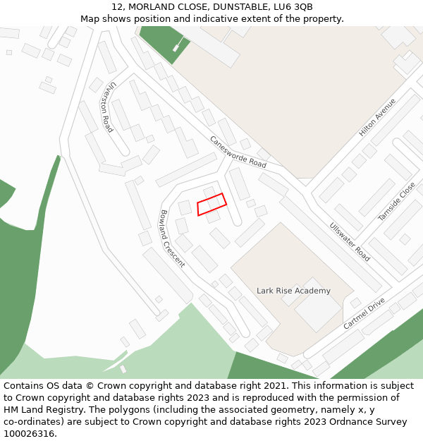 12, MORLAND CLOSE, DUNSTABLE, LU6 3QB: Location map and indicative extent of plot