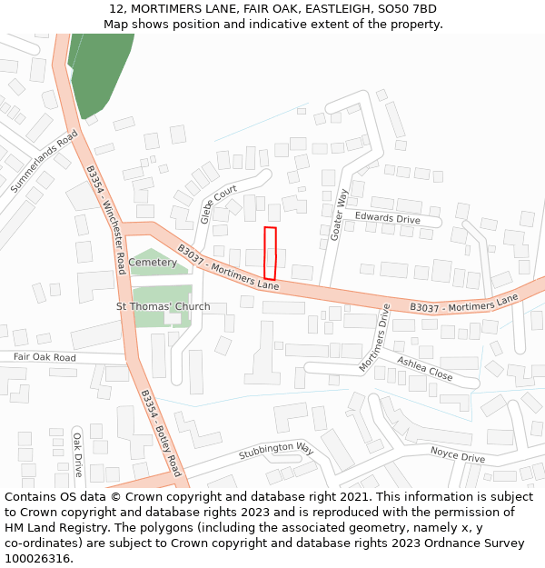 12, MORTIMERS LANE, FAIR OAK, EASTLEIGH, SO50 7BD: Location map and indicative extent of plot