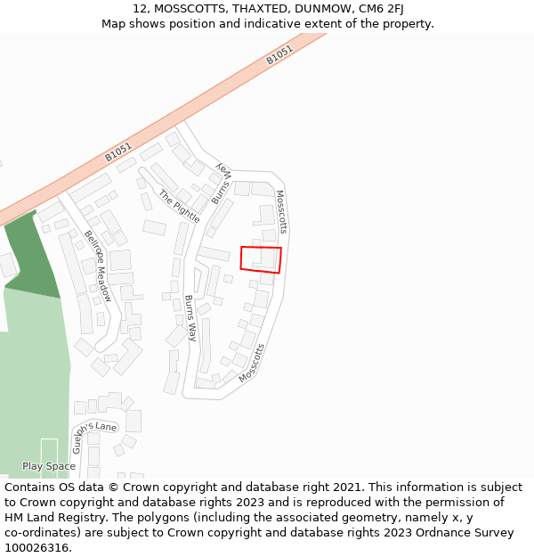 12, MOSSCOTTS, THAXTED, DUNMOW, CM6 2FJ: Location map and indicative extent of plot