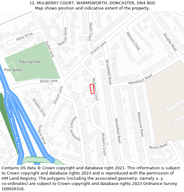 12, MULBERRY COURT, WARMSWORTH, DONCASTER, DN4 9GD: Location map and indicative extent of plot