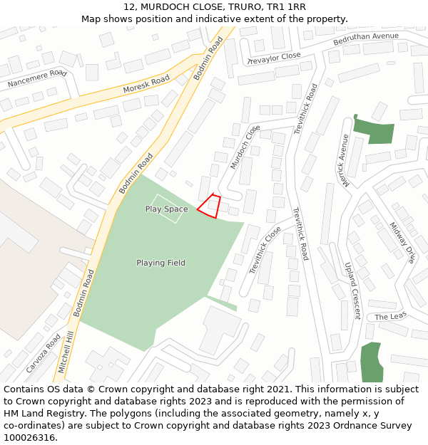 12, MURDOCH CLOSE, TRURO, TR1 1RR: Location map and indicative extent of plot