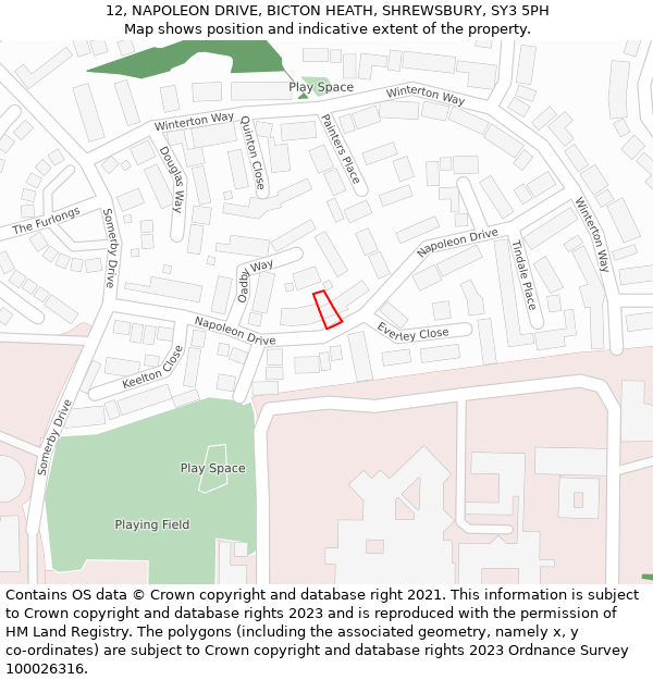 12, NAPOLEON DRIVE, BICTON HEATH, SHREWSBURY, SY3 5PH: Location map and indicative extent of plot