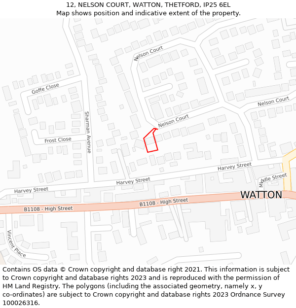 12, NELSON COURT, WATTON, THETFORD, IP25 6EL: Location map and indicative extent of plot