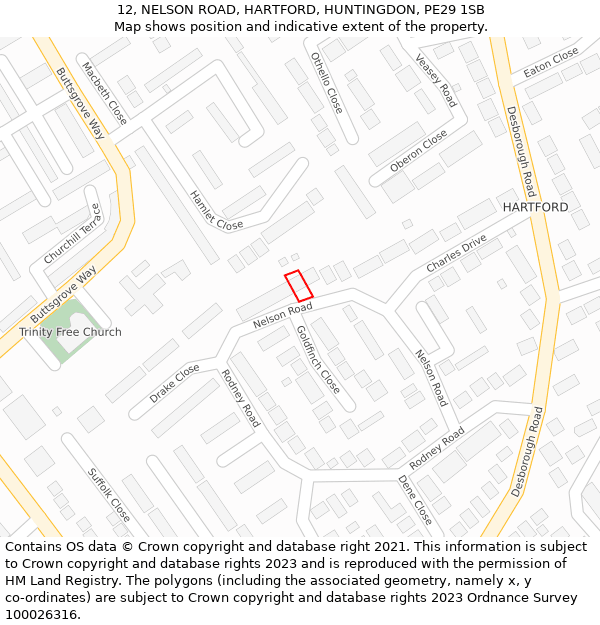 12, NELSON ROAD, HARTFORD, HUNTINGDON, PE29 1SB: Location map and indicative extent of plot