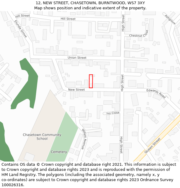 12, NEW STREET, CHASETOWN, BURNTWOOD, WS7 3XY: Location map and indicative extent of plot