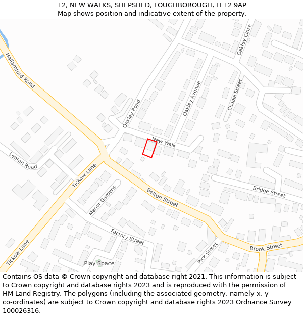 12, NEW WALKS, SHEPSHED, LOUGHBOROUGH, LE12 9AP: Location map and indicative extent of plot