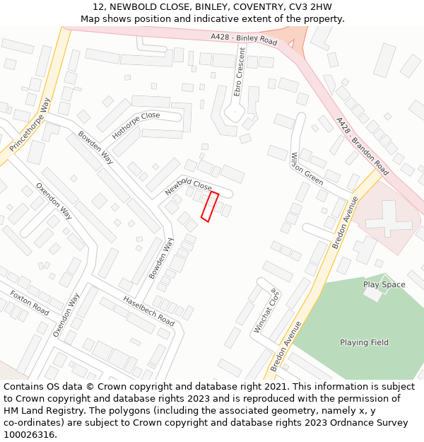 12, NEWBOLD CLOSE, BINLEY, COVENTRY, CV3 2HW: Location map and indicative extent of plot