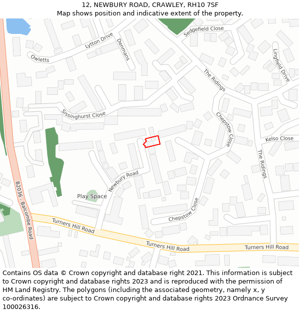 12, NEWBURY ROAD, CRAWLEY, RH10 7SF: Location map and indicative extent of plot