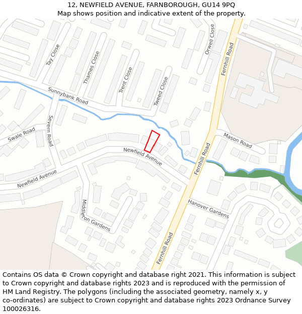 12, NEWFIELD AVENUE, FARNBOROUGH, GU14 9PQ: Location map and indicative extent of plot