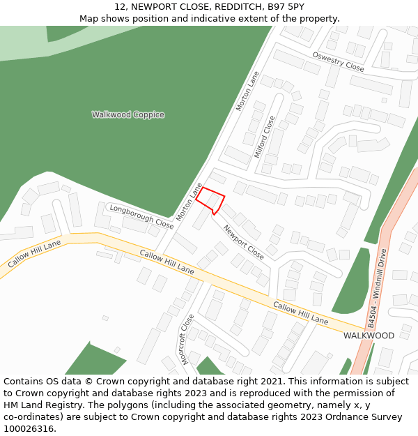 12, NEWPORT CLOSE, REDDITCH, B97 5PY: Location map and indicative extent of plot