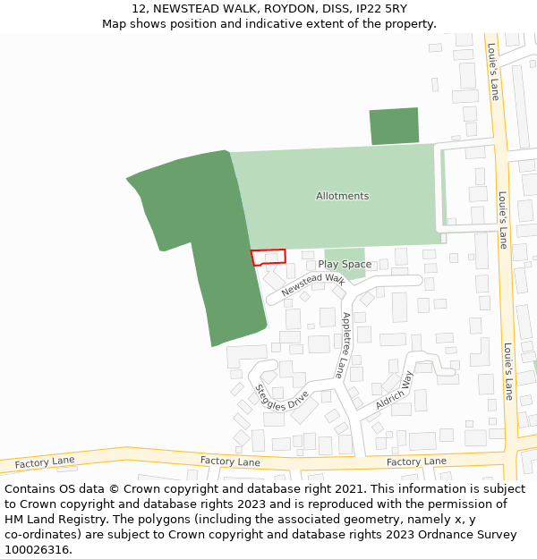12, NEWSTEAD WALK, ROYDON, DISS, IP22 5RY: Location map and indicative extent of plot