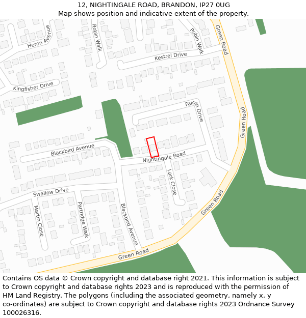 12, NIGHTINGALE ROAD, BRANDON, IP27 0UG: Location map and indicative extent of plot