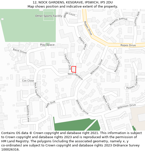 12, NOCK GARDENS, KESGRAVE, IPSWICH, IP5 2DU: Location map and indicative extent of plot