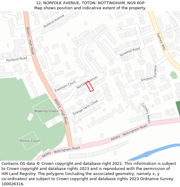 12, NORFOLK AVENUE, TOTON, NOTTINGHAM, NG9 6GP: Location map and indicative extent of plot