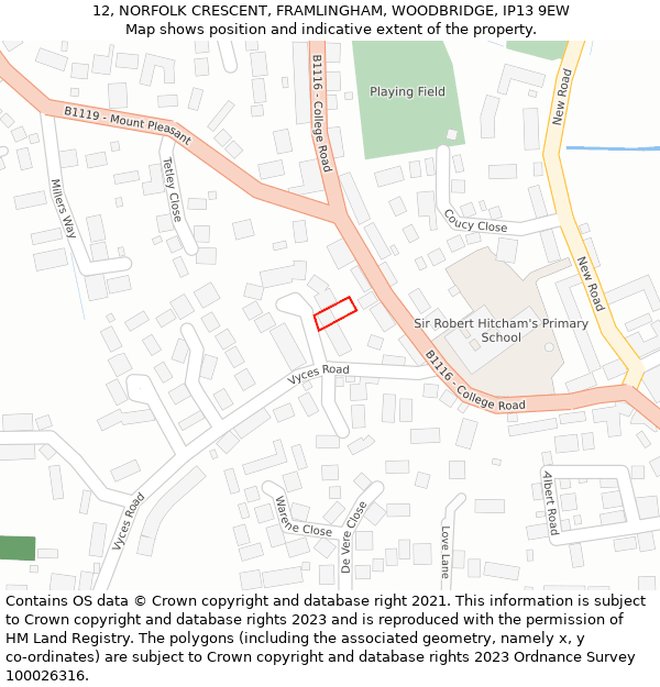 12, NORFOLK CRESCENT, FRAMLINGHAM, WOODBRIDGE, IP13 9EW: Location map and indicative extent of plot