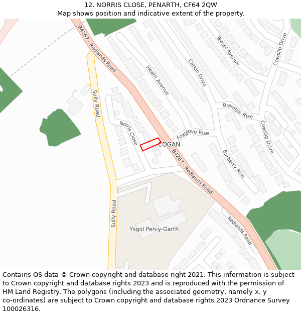 12, NORRIS CLOSE, PENARTH, CF64 2QW: Location map and indicative extent of plot