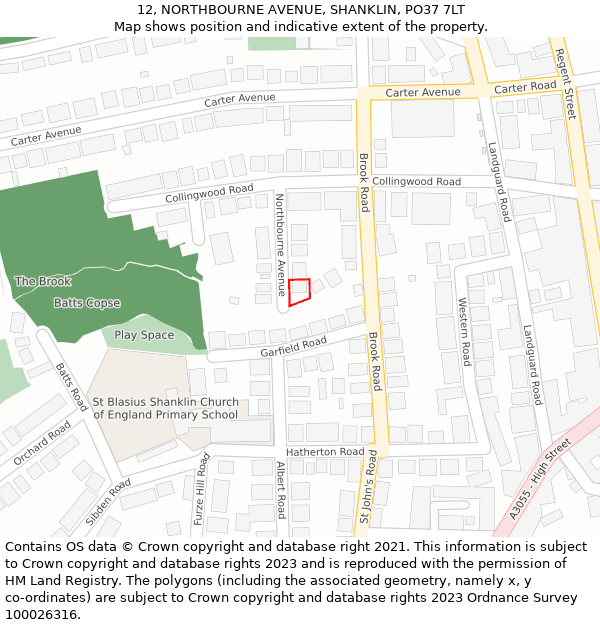 12, NORTHBOURNE AVENUE, SHANKLIN, PO37 7LT: Location map and indicative extent of plot