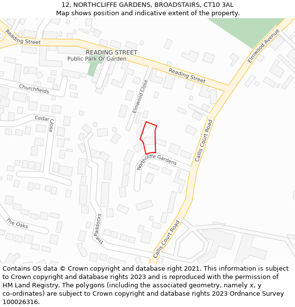 12, NORTHCLIFFE GARDENS, BROADSTAIRS, CT10 3AL: Location map and indicative extent of plot