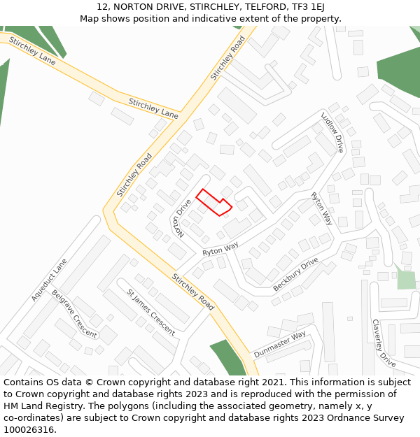 12, NORTON DRIVE, STIRCHLEY, TELFORD, TF3 1EJ: Location map and indicative extent of plot