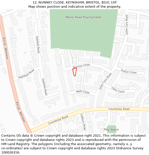 12, NUNNEY CLOSE, KEYNSHAM, BRISTOL, BS31 1XF: Location map and indicative extent of plot