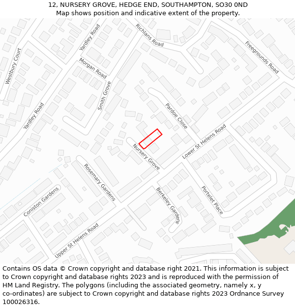 12, NURSERY GROVE, HEDGE END, SOUTHAMPTON, SO30 0ND: Location map and indicative extent of plot