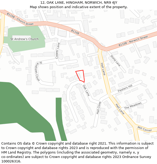 12, OAK LANE, HINGHAM, NORWICH, NR9 4JY: Location map and indicative extent of plot