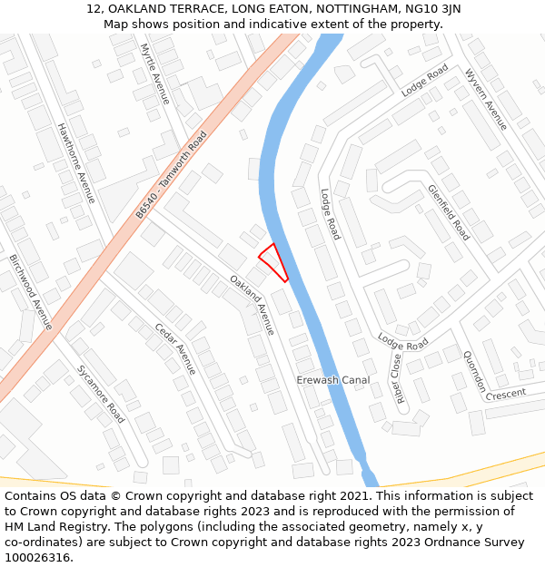 12, OAKLAND TERRACE, LONG EATON, NOTTINGHAM, NG10 3JN: Location map and indicative extent of plot