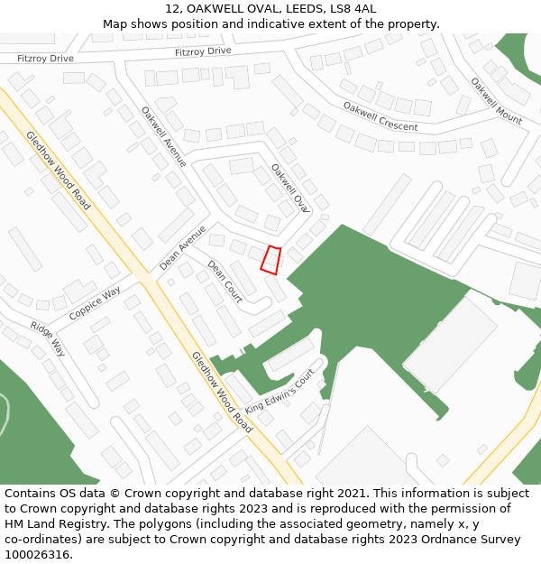12, OAKWELL OVAL, LEEDS, LS8 4AL: Location map and indicative extent of plot