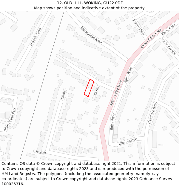 12, OLD HILL, WOKING, GU22 0DF: Location map and indicative extent of plot