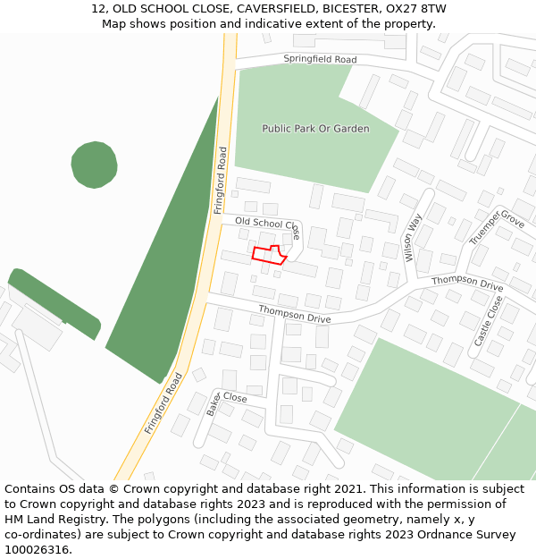 12, OLD SCHOOL CLOSE, CAVERSFIELD, BICESTER, OX27 8TW: Location map and indicative extent of plot