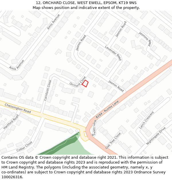 12, ORCHARD CLOSE, WEST EWELL, EPSOM, KT19 9NS: Location map and indicative extent of plot