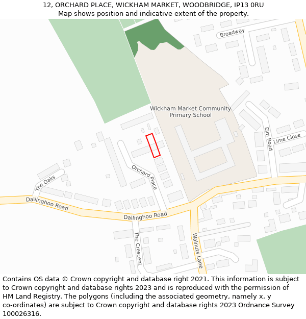 12, ORCHARD PLACE, WICKHAM MARKET, WOODBRIDGE, IP13 0RU: Location map and indicative extent of plot