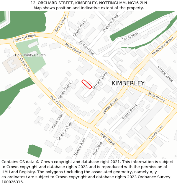 12, ORCHARD STREET, KIMBERLEY, NOTTINGHAM, NG16 2LN: Location map and indicative extent of plot