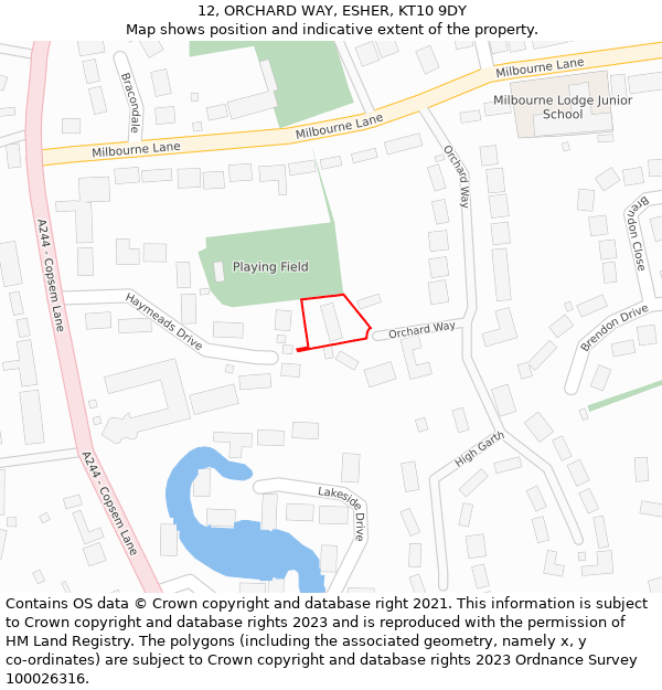 12, ORCHARD WAY, ESHER, KT10 9DY: Location map and indicative extent of plot