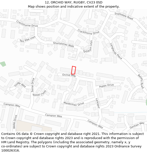 12, ORCHID WAY, RUGBY, CV23 0SD: Location map and indicative extent of plot