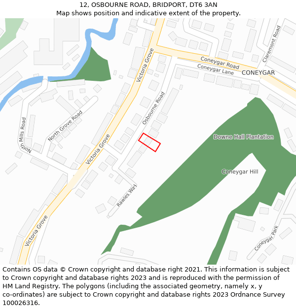 12, OSBOURNE ROAD, BRIDPORT, DT6 3AN: Location map and indicative extent of plot