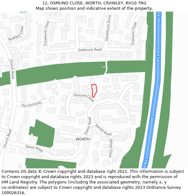 12, OSMUND CLOSE, WORTH, CRAWLEY, RH10 7RG: Location map and indicative extent of plot