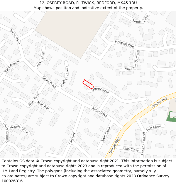 12, OSPREY ROAD, FLITWICK, BEDFORD, MK45 1RU: Location map and indicative extent of plot