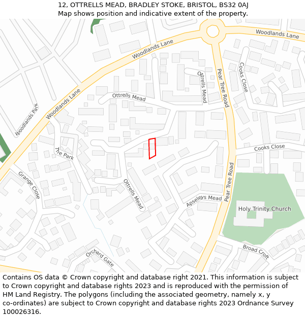 12, OTTRELLS MEAD, BRADLEY STOKE, BRISTOL, BS32 0AJ: Location map and indicative extent of plot