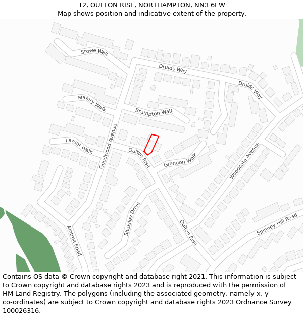 12, OULTON RISE, NORTHAMPTON, NN3 6EW: Location map and indicative extent of plot