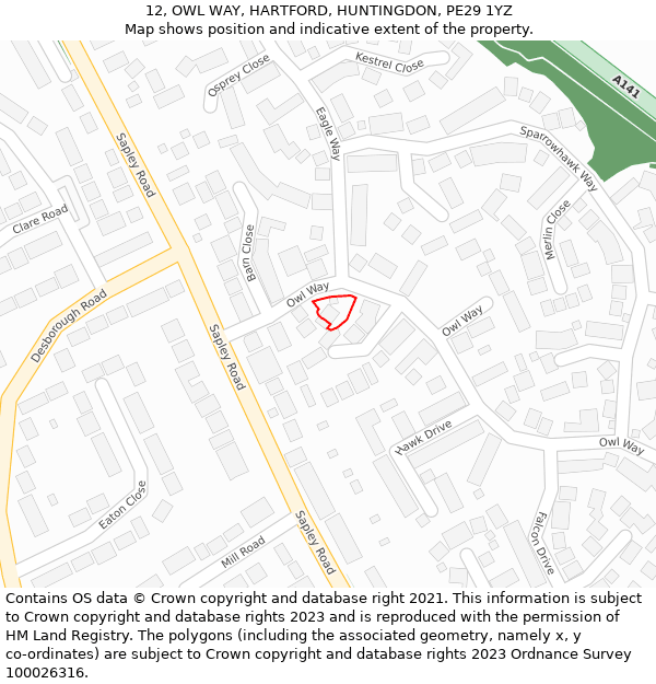 12, OWL WAY, HARTFORD, HUNTINGDON, PE29 1YZ: Location map and indicative extent of plot