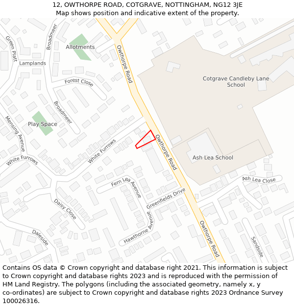 12, OWTHORPE ROAD, COTGRAVE, NOTTINGHAM, NG12 3JE: Location map and indicative extent of plot