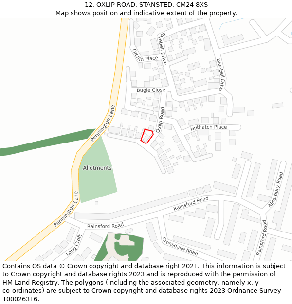 12, OXLIP ROAD, STANSTED, CM24 8XS: Location map and indicative extent of plot