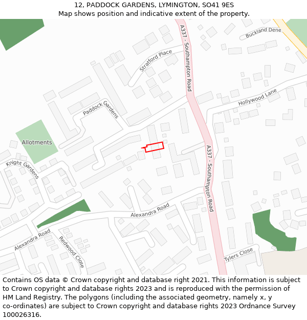 12, PADDOCK GARDENS, LYMINGTON, SO41 9ES: Location map and indicative extent of plot