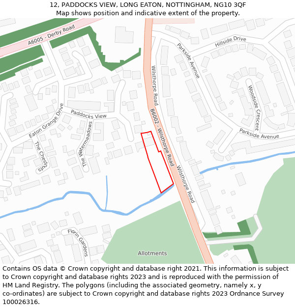 12, PADDOCKS VIEW, LONG EATON, NOTTINGHAM, NG10 3QF: Location map and indicative extent of plot