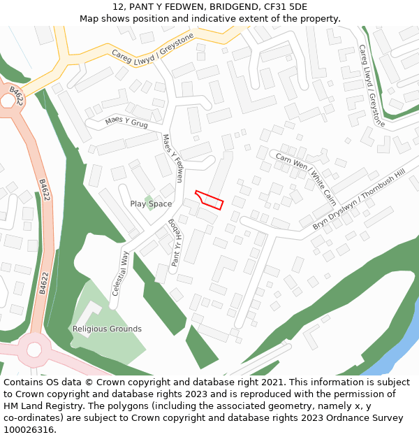 12, PANT Y FEDWEN, BRIDGEND, CF31 5DE: Location map and indicative extent of plot