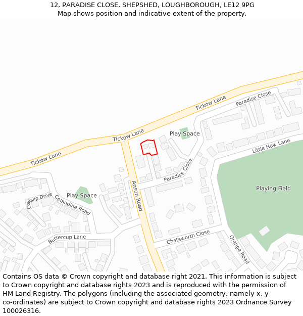 12, PARADISE CLOSE, SHEPSHED, LOUGHBOROUGH, LE12 9PG: Location map and indicative extent of plot