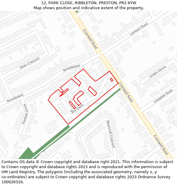12, PARK CLOSE, RIBBLETON, PRESTON, PR2 6YW: Location map and indicative extent of plot