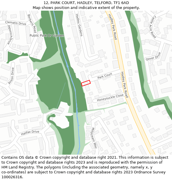 12, PARK COURT, HADLEY, TELFORD, TF1 6AD: Location map and indicative extent of plot